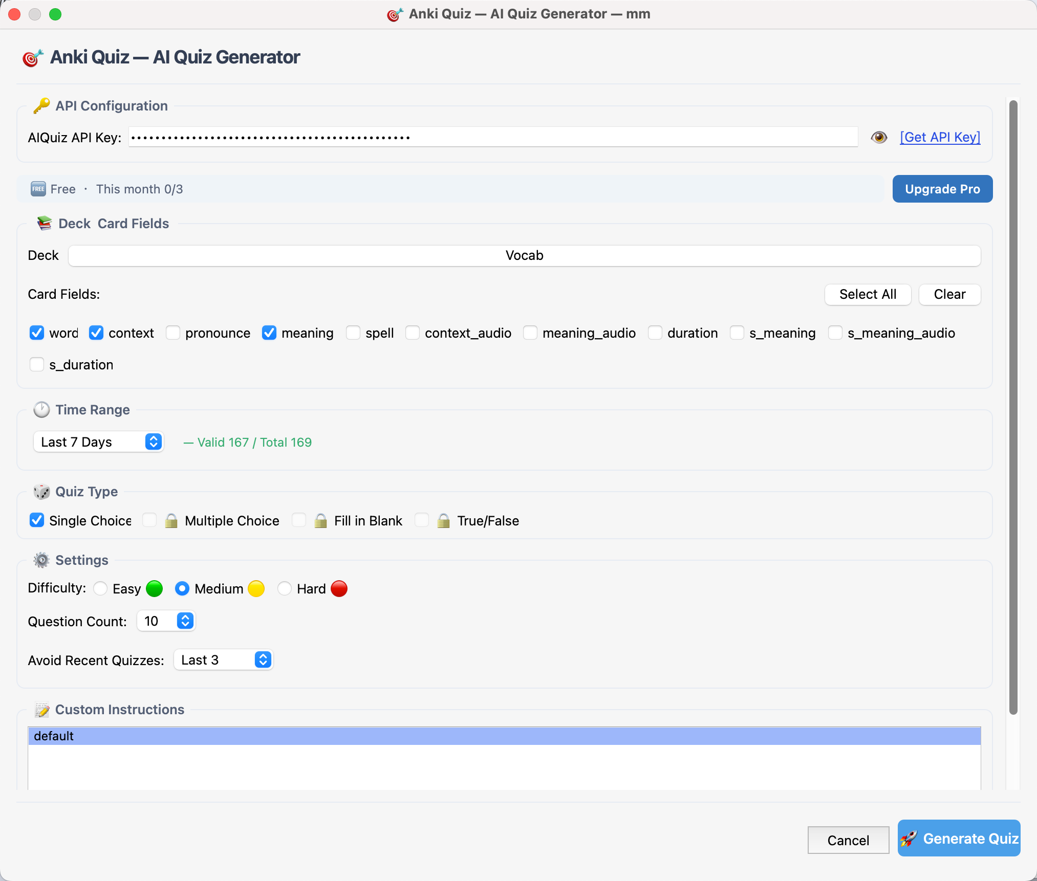 The AnkiQuiz add-on window, with the API key field at the top, then deck and card fields, time range, question type and settings