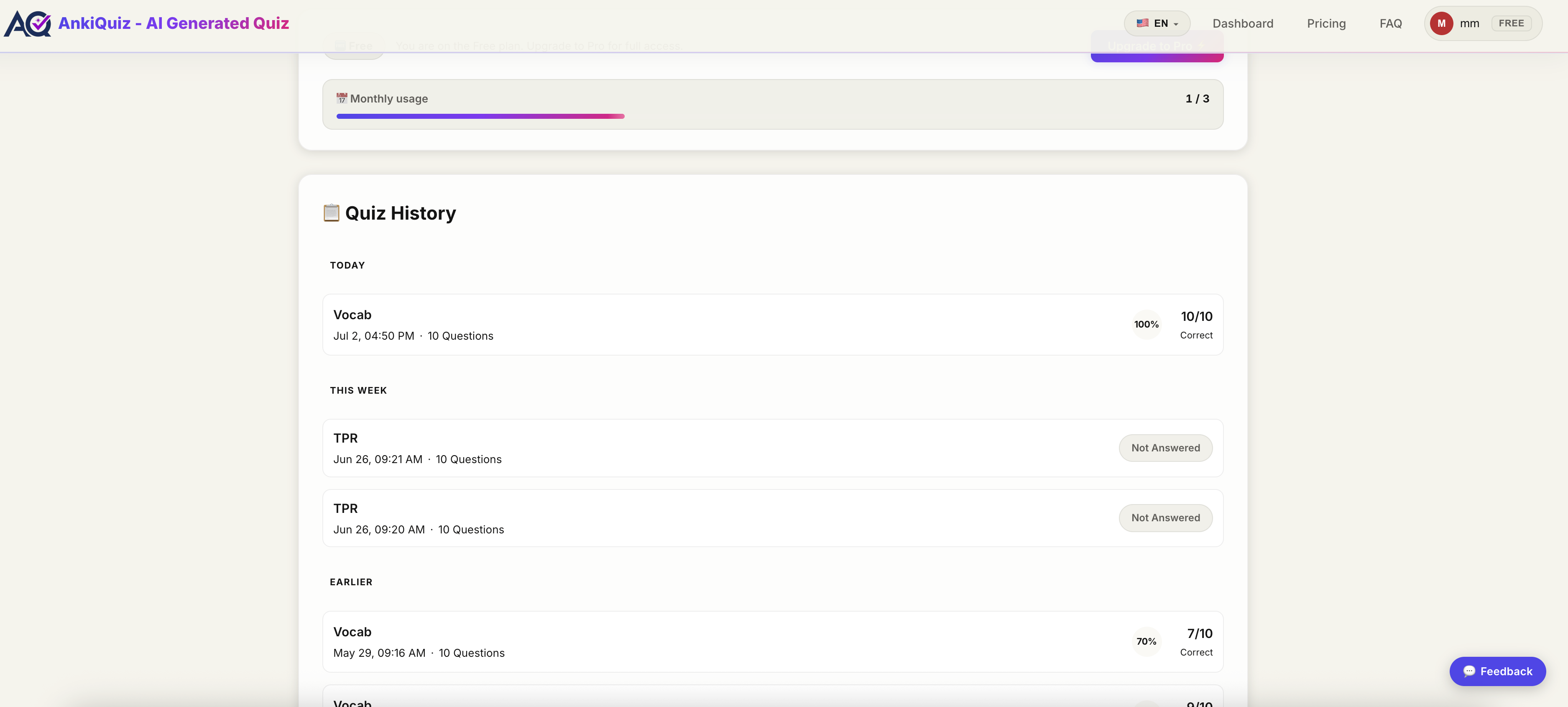 The web dashboard showing quiz history entries with scores