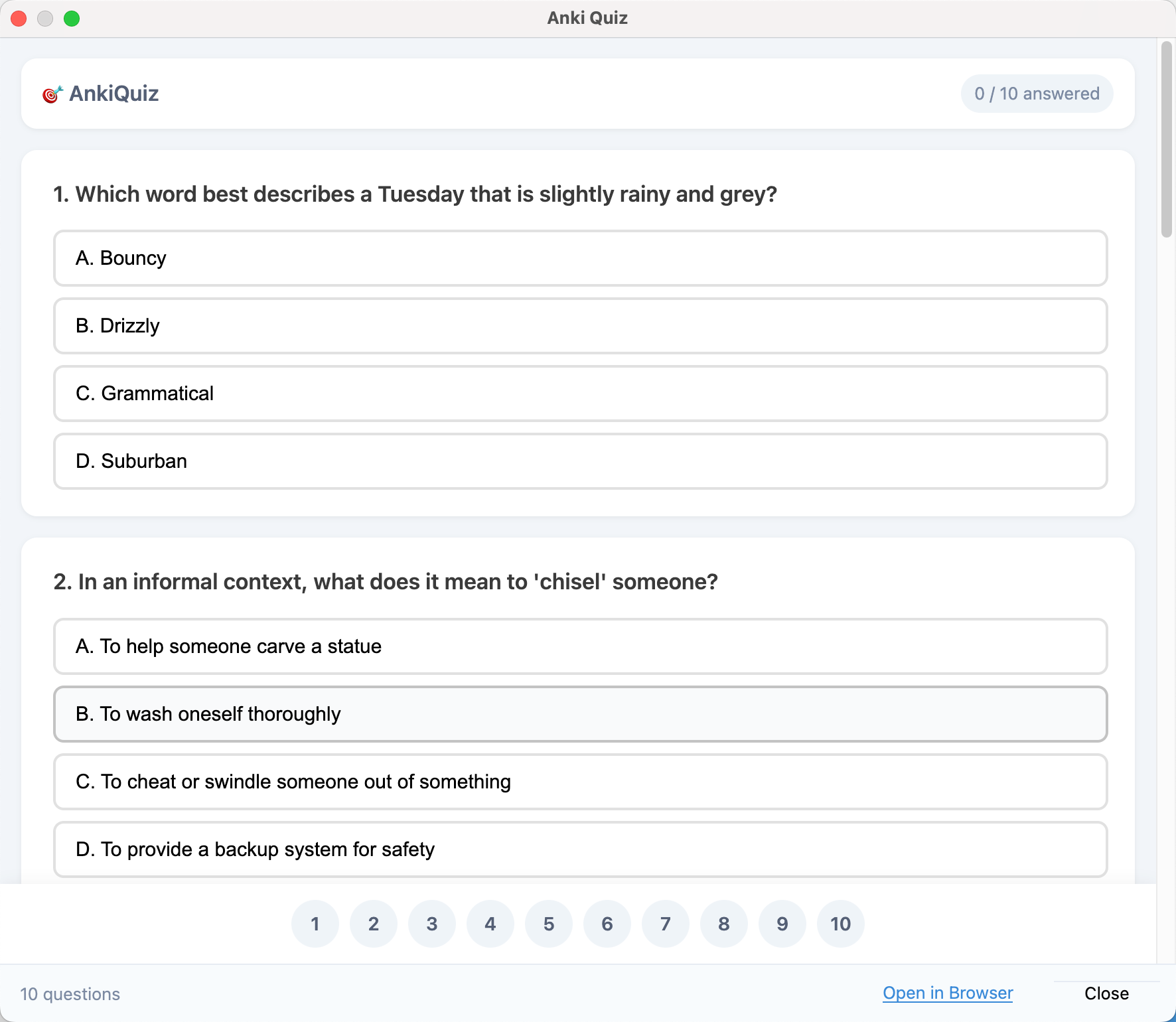 A generated quiz open inside Anki, showing ten multiple-choice questions built from the deck's own cards