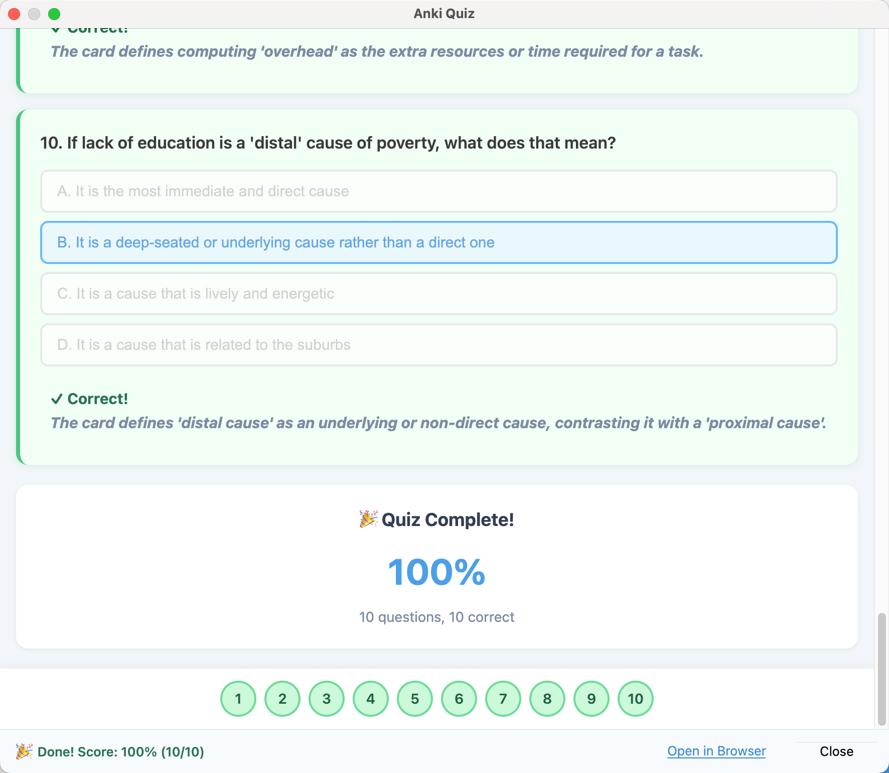 The completed quiz showing a score of 100% and per-question explanations