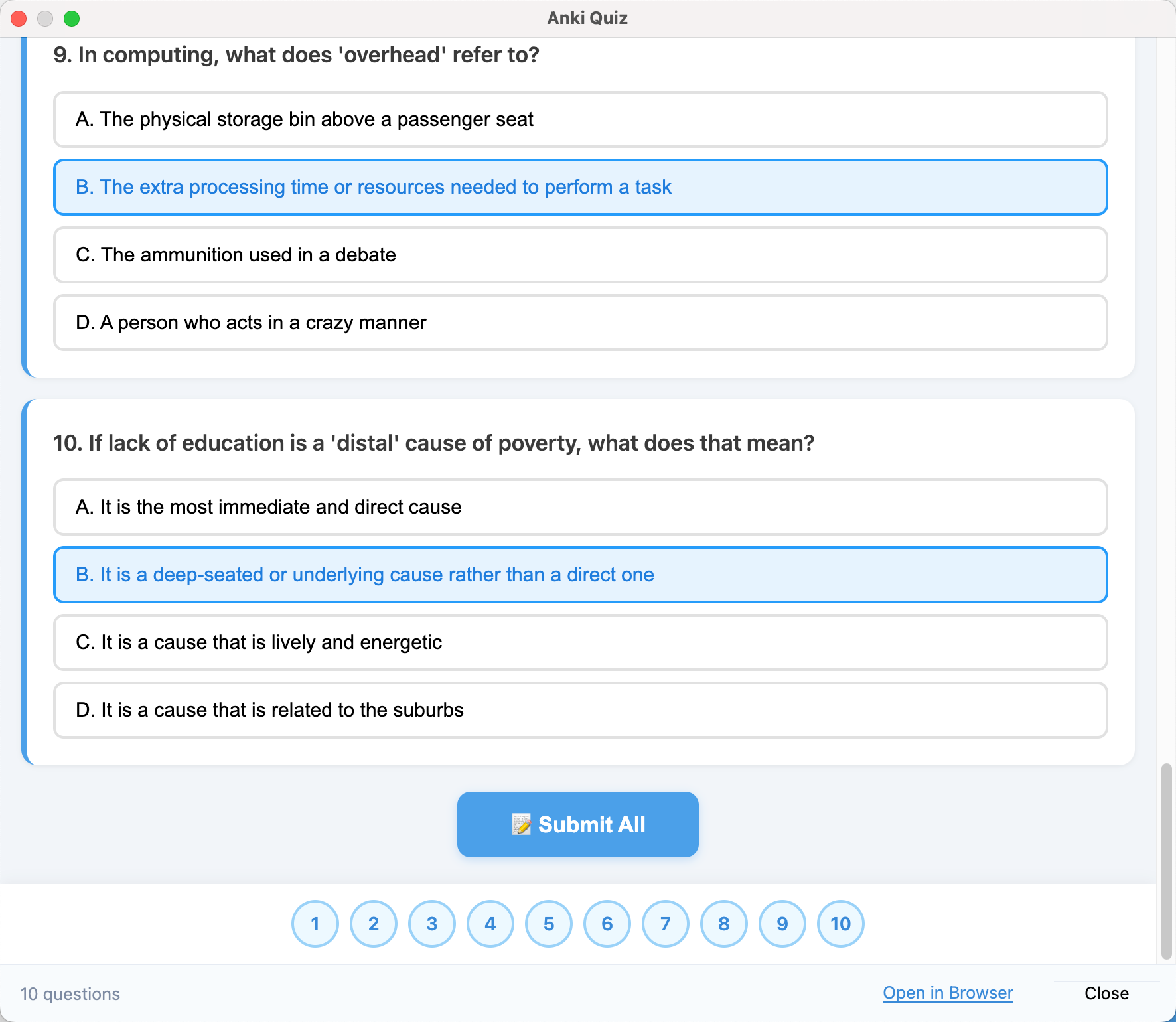 A quiz in progress inside Anki with the Submit All button at the bottom