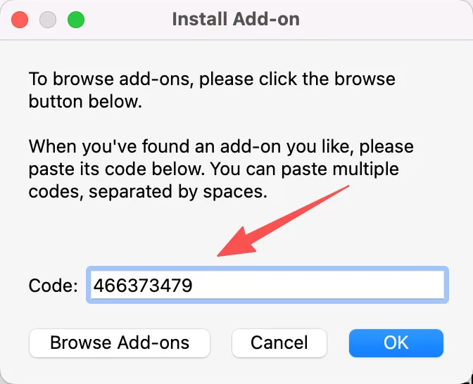 Anki Install Add-on dialog with the AnkiQuiz code 466373479 entered in the Code field