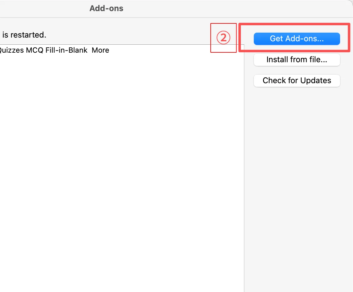 Anki Add-ons window with the Get Add-ons button highlighted as step 2