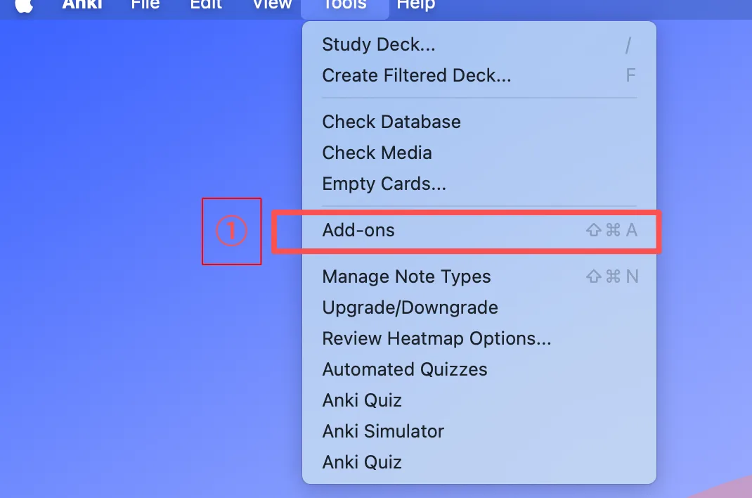 Anki Tools menu with Add-ons highlighted as step 1 of the install